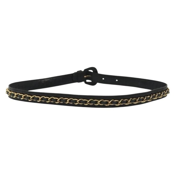 CHANEL Chain Belt Leather 34.6"" Gold Black CC Auth hk2962 - Picture 2 of 10